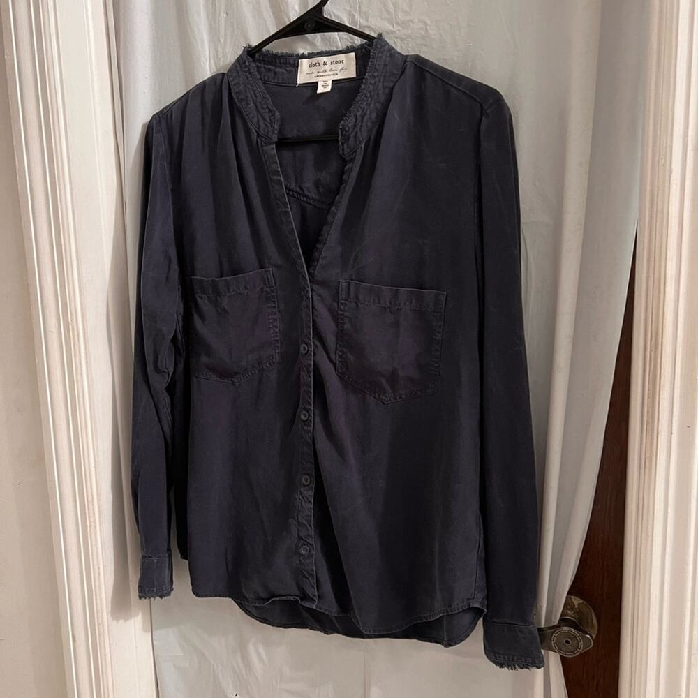 Cloth and stone navy blue button up long sleeve top size s fringe trim